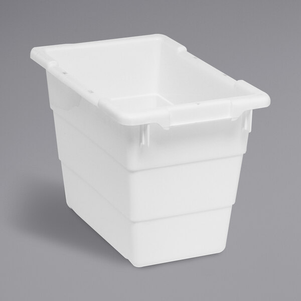 A white plastic Quantum cross stack tub with built-in handles.