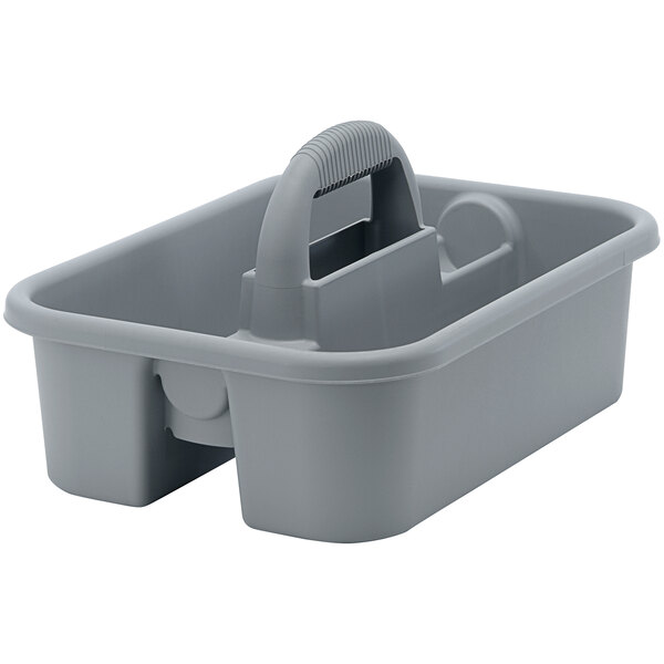 A gray polypropylene Quantum tool caddy with a handle.