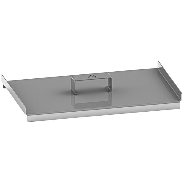A stainless steel rectangular lid with a handle for a Mibrasa RM 60 Robatayaki.