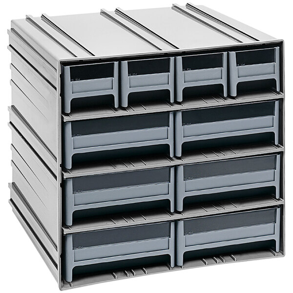 A stack of grey Quantum plastic drawers with windows.