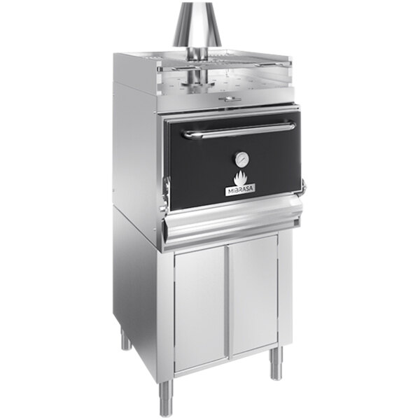 A close-up of a large stainless steel Mibrasa charcoal oven with a silver door.