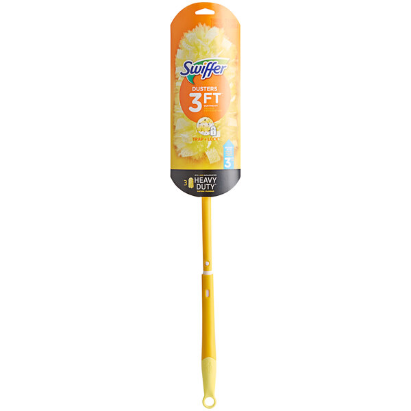 A Swiffer Duster with a yellow handle.