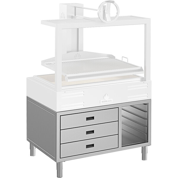 A white and grey cabinet with three drawers.