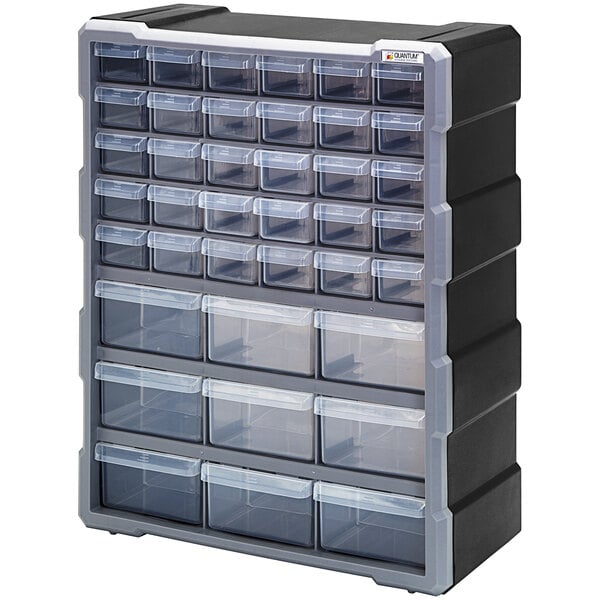 A black and gray Quantum plastic drawer cabinet with many drawers of different sizes.