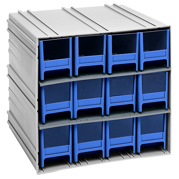 A grey metal box with blue rectangular drawers with black windows.