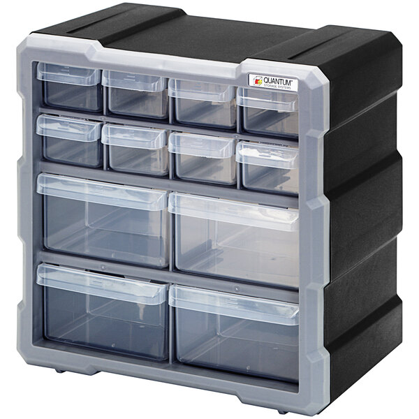 A black and grey plastic drawer cabinet with 8 clear compact drawers and 4 medium drawers.