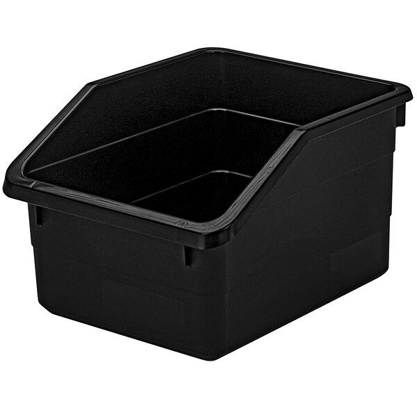 A black plastic Quantum all-purpose nesting bin with two compartments and a black lid.