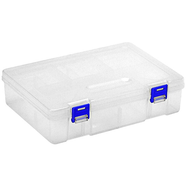 A clear plastic container with blue handles and adjustable dividers.