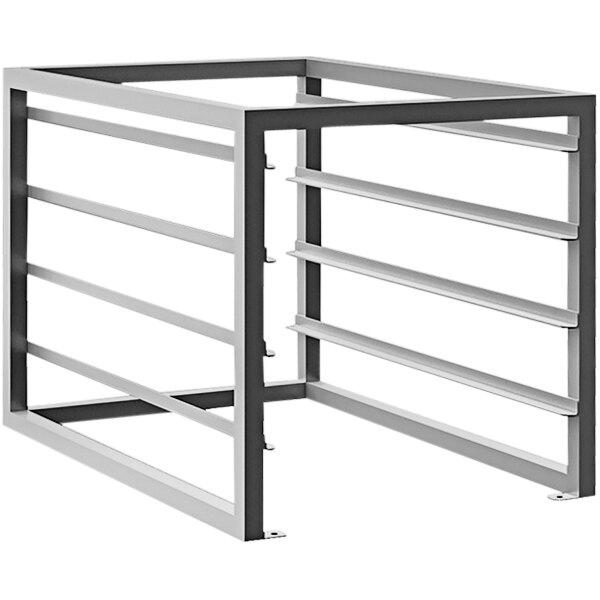 A Mibrasa Gastronorm rack with four metal shelves on it.