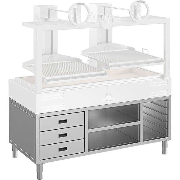 A white Mibrasa Parrilla grill stand with 3 drawers.