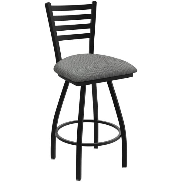 A black restaurant bar stool with a gray graph alpine seat.