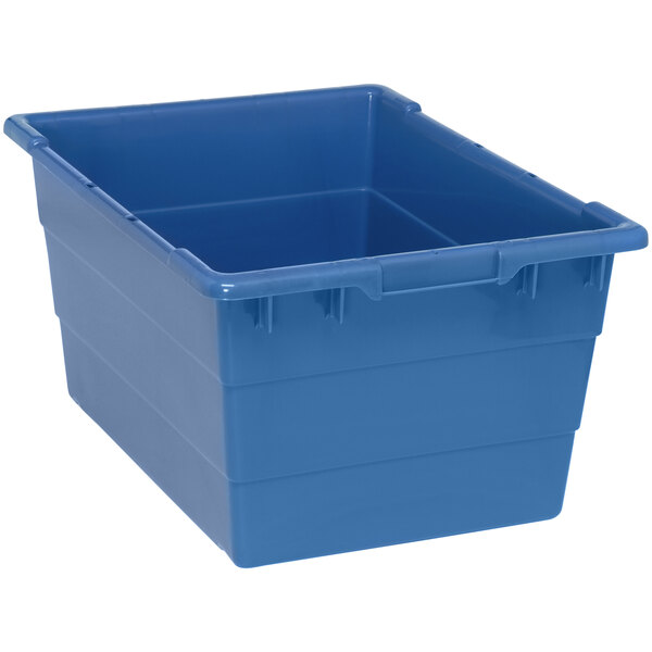 A Quantum blue plastic container with built-in handle grips and bottom grooves.