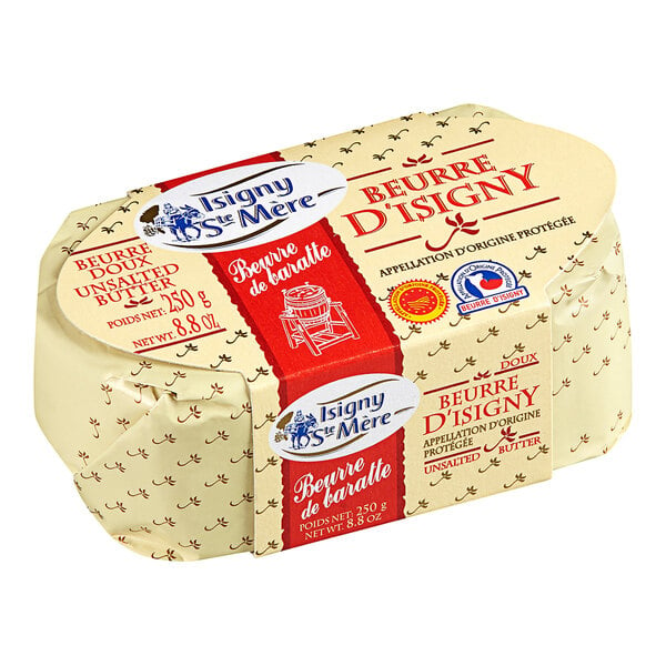 A package of Isigny Sainte-Mere Churned Sweet Unsalted Butter.