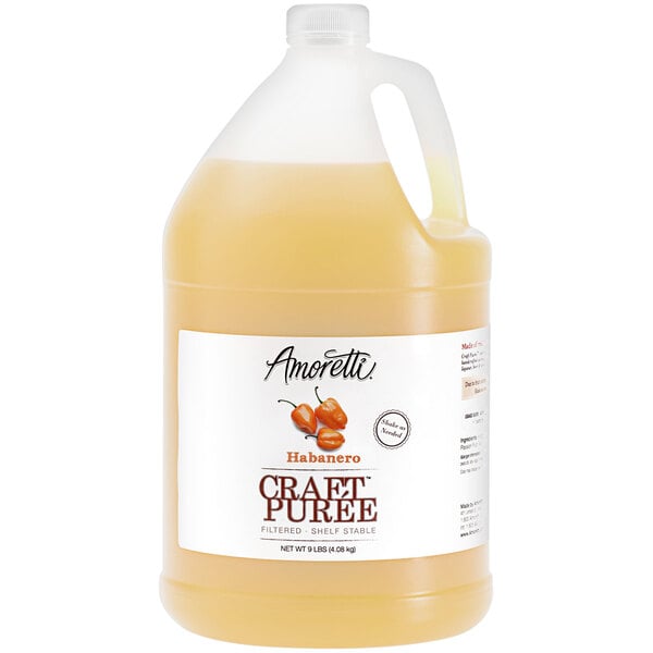 An Amoretti jug of habanero pepper craft puree with a white label.
