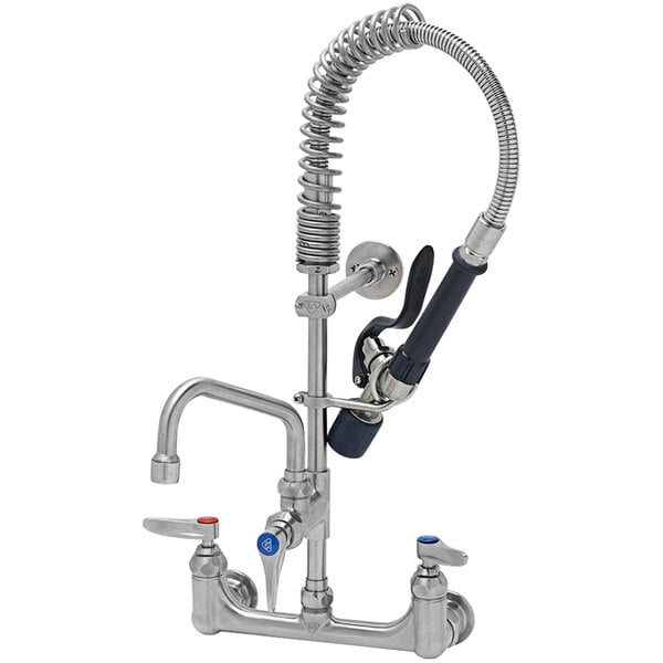 A silver Eversteel wall mount pre-rinse faucet with a swing nozzle and mini pre-rinse unit hose.