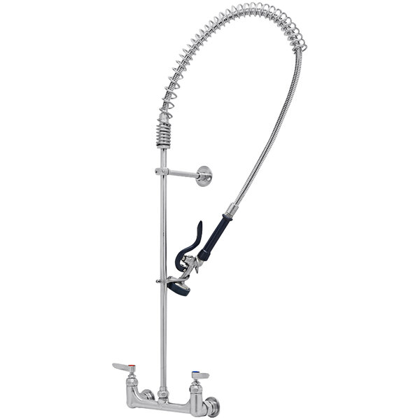An Eversteel stainless steel wall mount pre-rinse faucet with a curved silver hose.