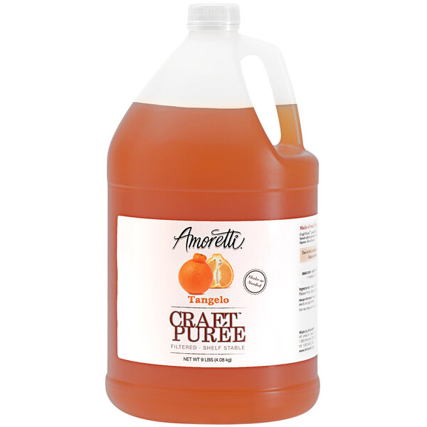 A jug of Amoretti Tangelo Craft Puree with a close up of a tangelo.