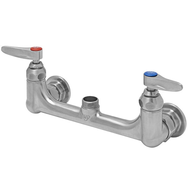 A silver stainless steel wall mount pantry faucet base with two swivel faucet mounts and red and blue knobs.