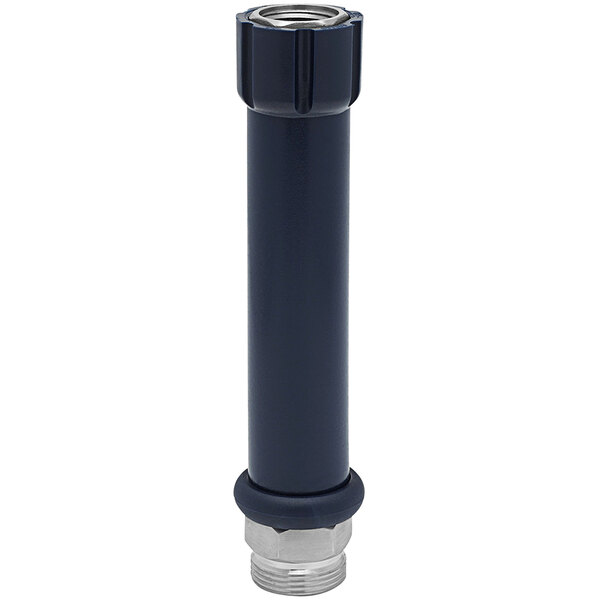 A blue plastic pipe with a stainless steel nut.