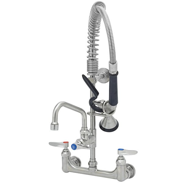 A silver stainless steel wall mount pre-rinse faucet with a hose and mini pre-rinse unit.