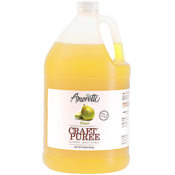 A jug of Amoretti pear craft purée with a white label.