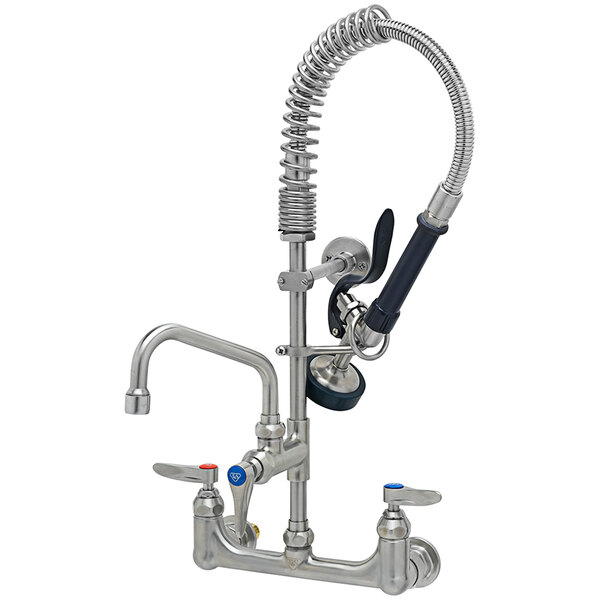 A silver stainless steel Eversteel wall mount pre-rinse faucet with a hose.