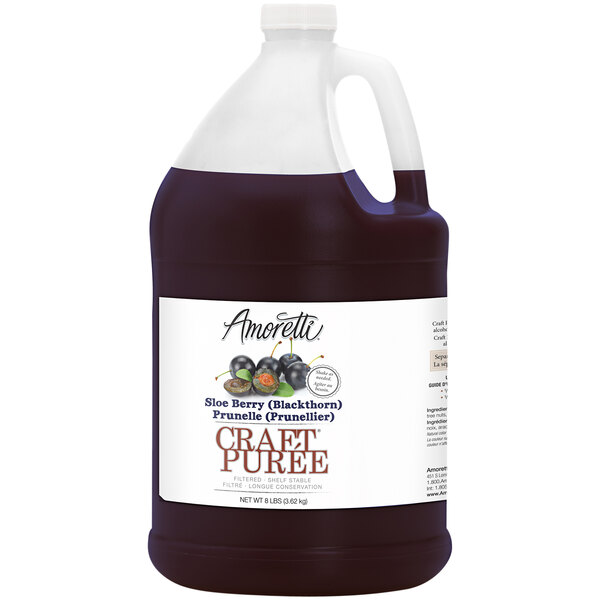 A gallon jug of Amoretti Sloe Berry craft puree with a white cap and white label.