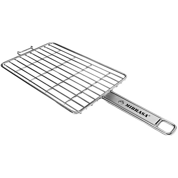 A stainless steel Mibrasa Classic Flat Grill Basket with a handle.