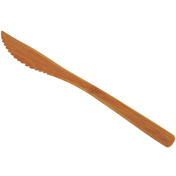 A varnished natural bamboo knife with a handle.