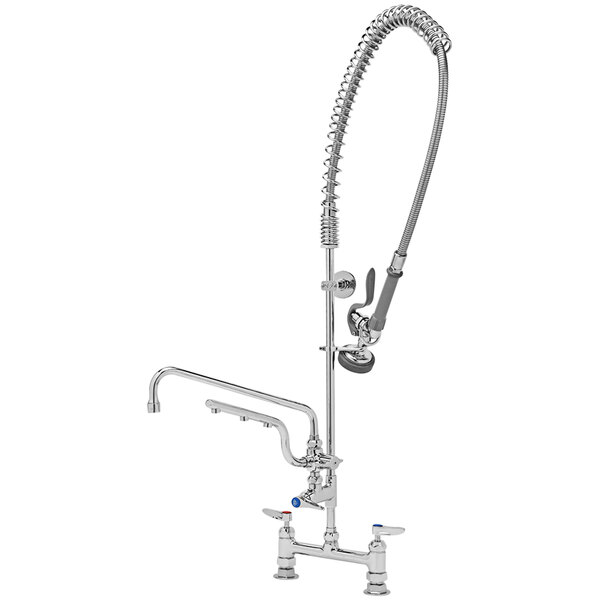 A T&S chrome deck mount pre-rinse faucet with sprayer hose.