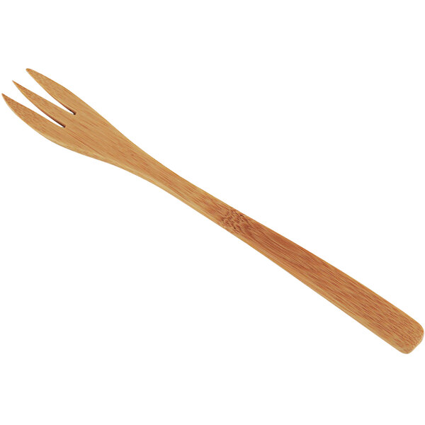 A Solia varnished natural bamboo fork with a single prong on a white background.