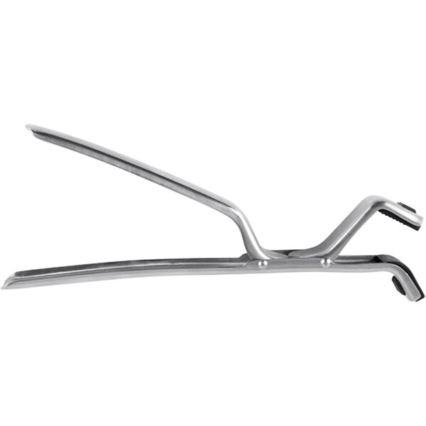 A Mibrasa stainless steel pan gripper with a black handlebar.