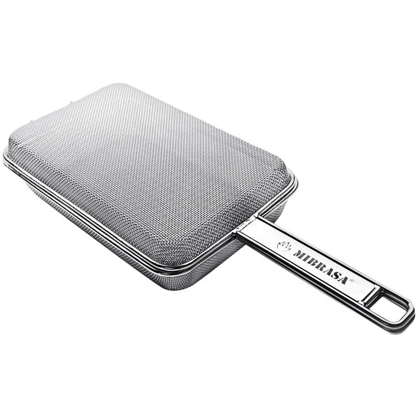 A stainless steel mesh double grill basket with a handle.
