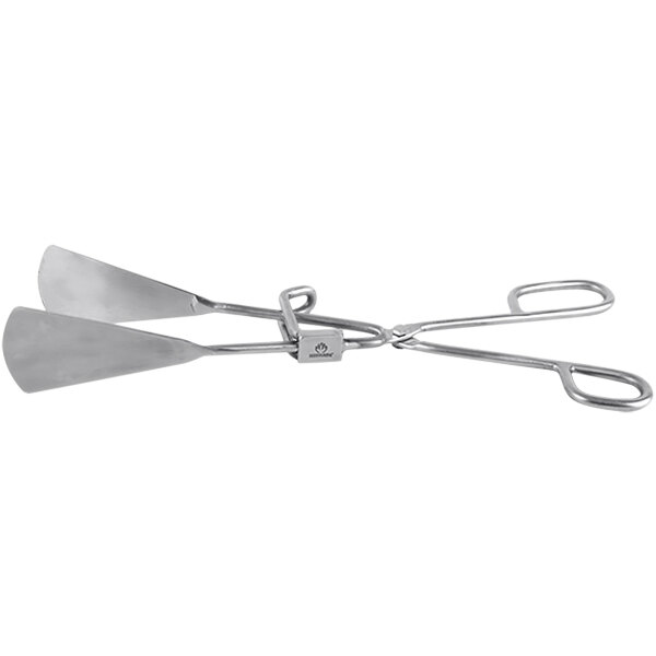 Stainless steel Mibrasa flat tongs with white background.