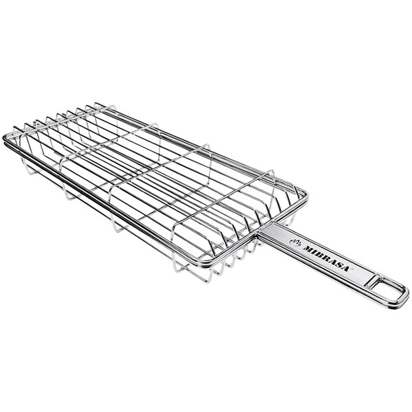 A stainless steel wire double grill basket with a handle.
