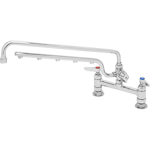 A T&S chrome deck mount faucet with two handles and a sprayer.
