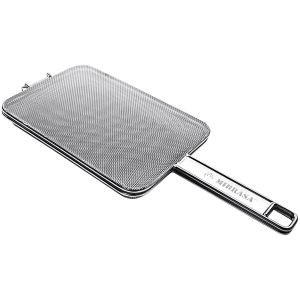 A stainless steel mesh double grill basket with handles.