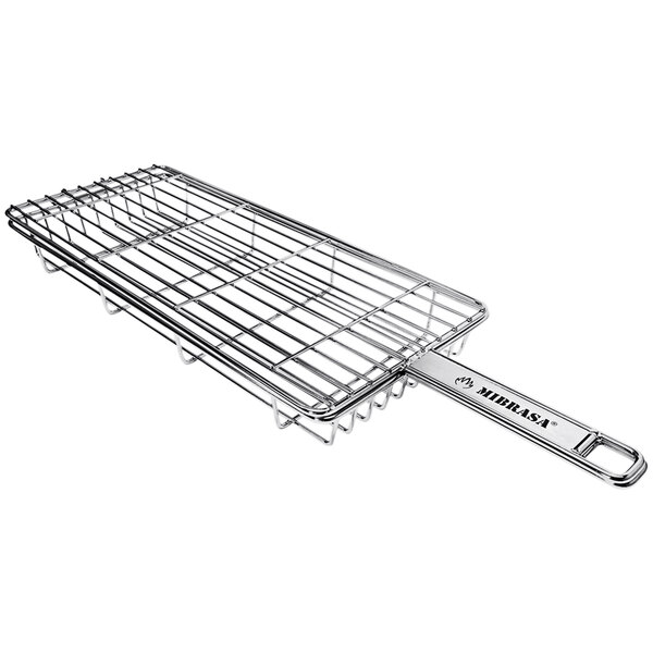 A stainless steel wire double grill basket with a handle.