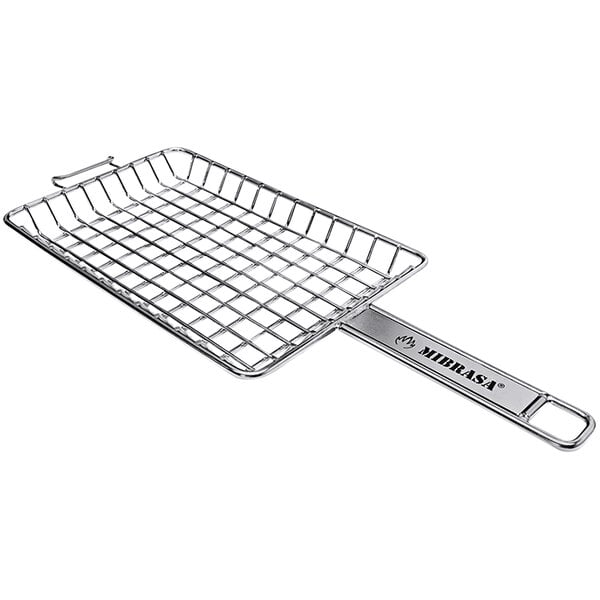 A Mibrasa stainless steel wire grill basket with a handle.
