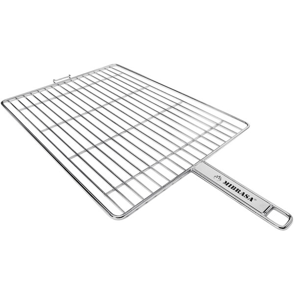 A stainless steel wire flat grill basket with a handle.