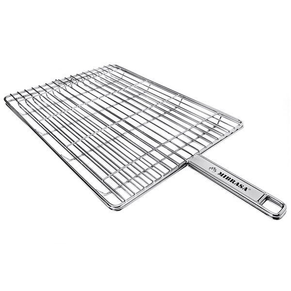 A stainless steel Mibrasa double grill basket with a handle.