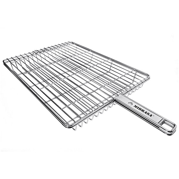 A stainless steel grill basket with two wire grids and a handle.