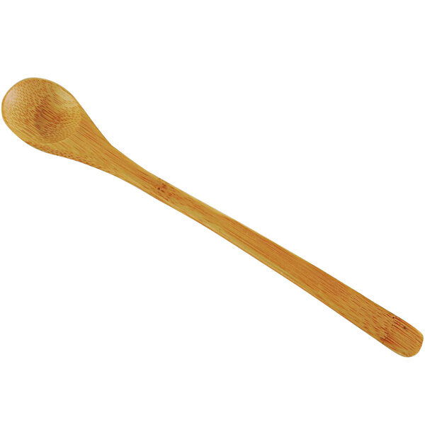 A Solia natural bamboo spoon with a varnished handle.