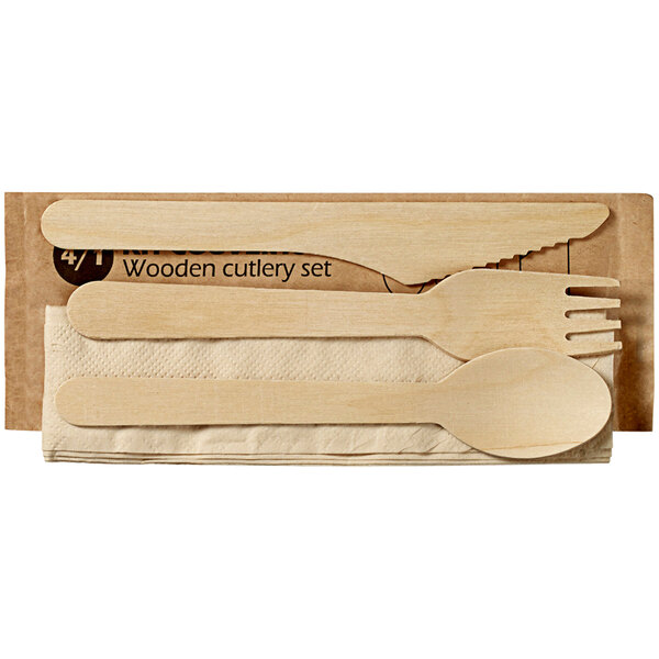 A Solia wrapped natural wooden cutlery set with a wooden spoon and fork.
