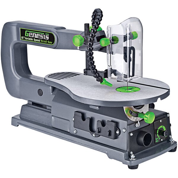 A Genesis 16" variable speed scroll saw on a table with green blades and a wrench.