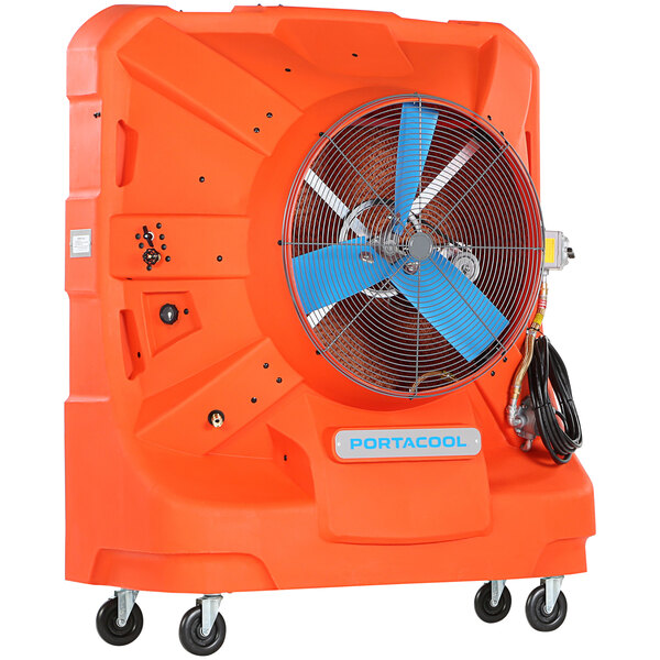 An orange Portacool hazardous evaporative cooler on wheels with a blue handle.