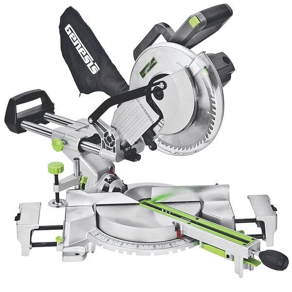 A Genesis 10" sliding compound miter saw with a green blade and a green handle.