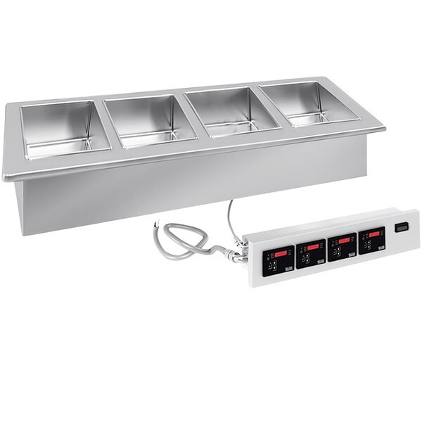 A silver rectangular LTI drop-in hot food well with four compartments.