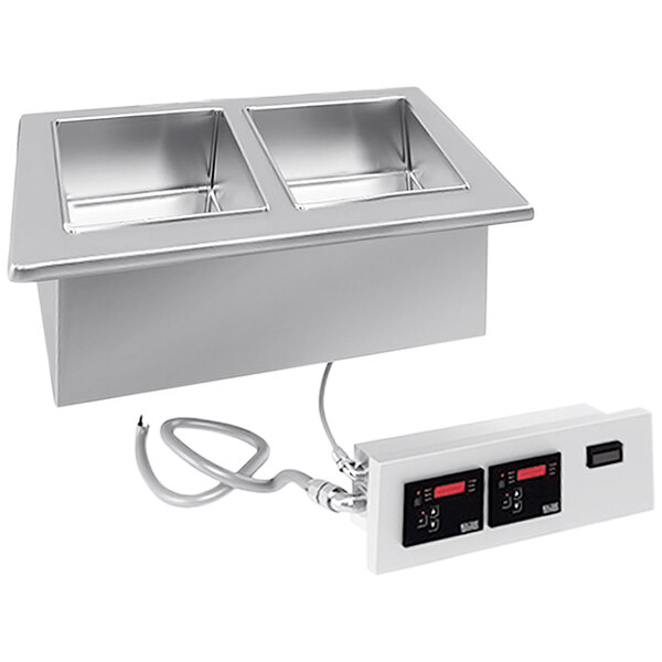 A silver stainless steel LTI ThermalWell 2-well drop-in hot food well with a digital controller.
