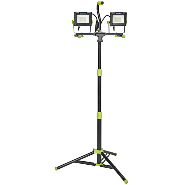A black and green light stand with two PowerSmith LED work lights on it.